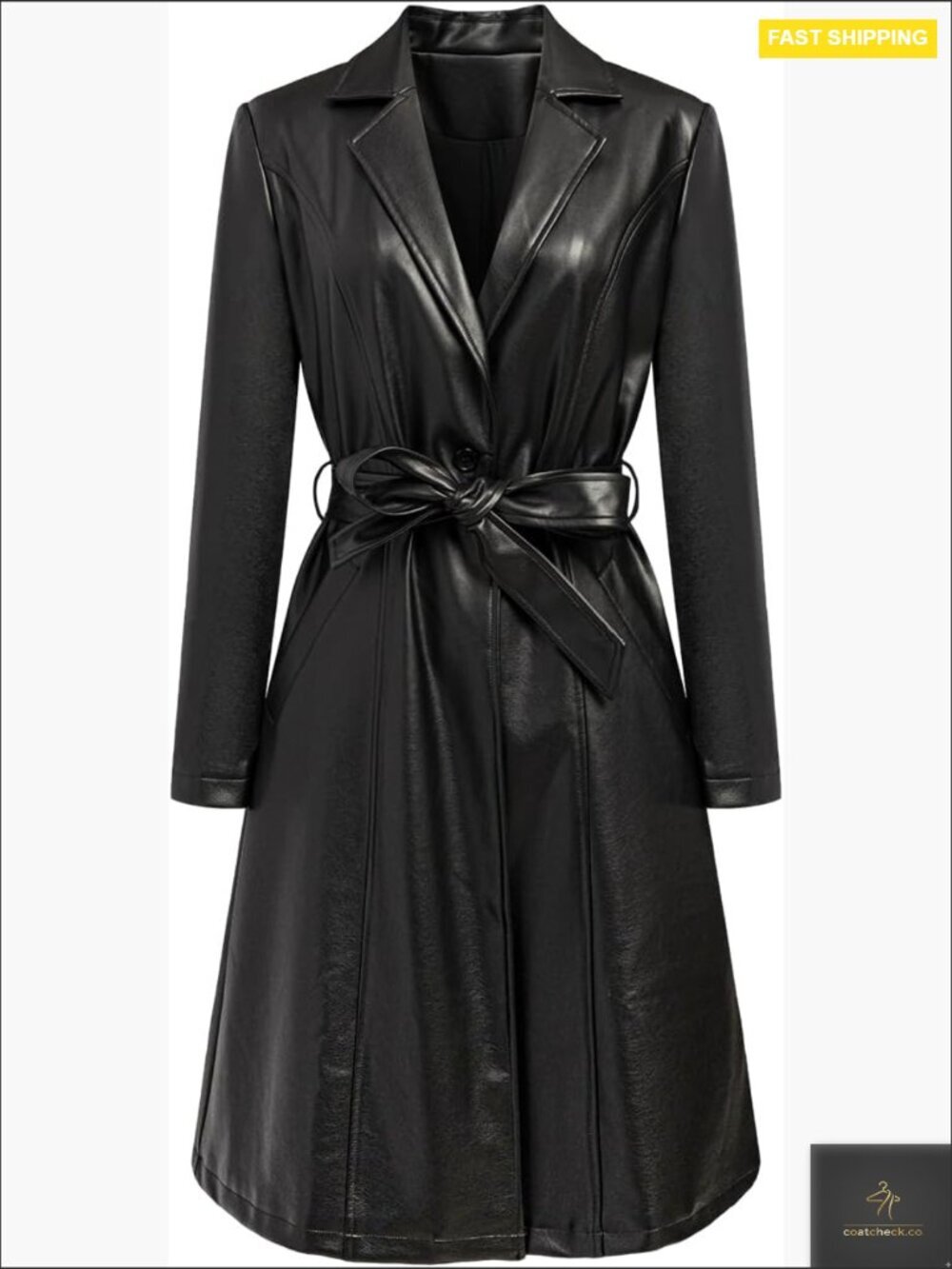 Faux Leather Trench Coat Long Sleeve Motorcycle Biker Overcoat With Belt